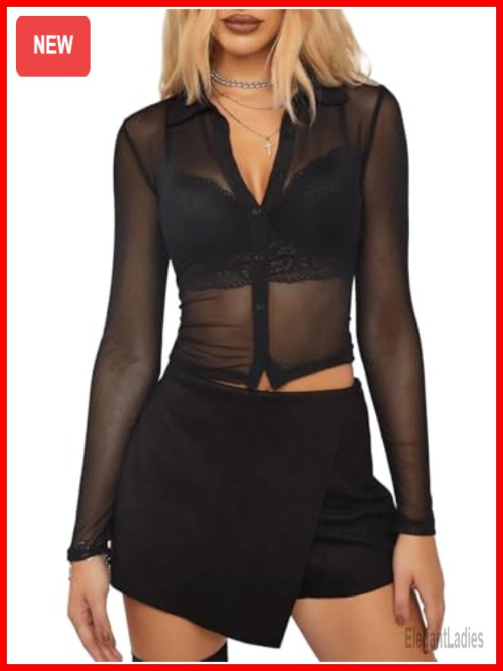 Sheer Mesh Button Down Collar Crop Top Long Sleeve Women's Blouse